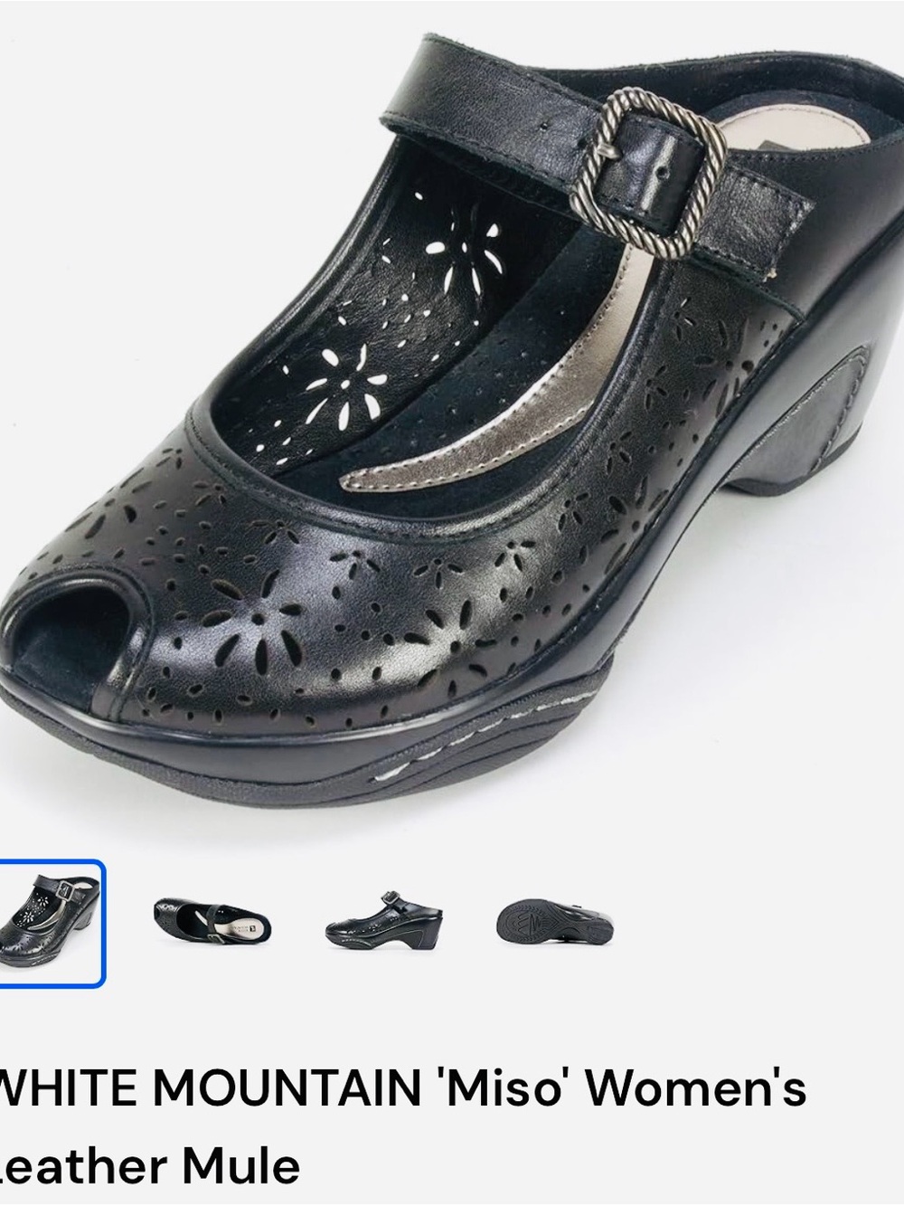 White Mountain Black Leather Peep-Toe Mary Jane Mule